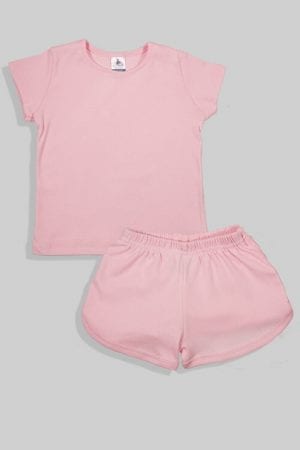 סט חליפת שינה קצר מכנס וחולצה - ורוד חלק (12 חודשים - 4 שנים)