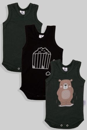 שלישיית בגדי גוף גופייה - דובי פופקורן חלק (3 חודשים - שנתיים)