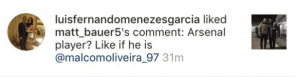 Malcom's agent liking a comment linking the player to Arsenal. (Image Source: luisfernandomenezesgarcia/Instagram)