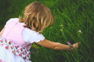 Photo of child picking flowers in a field of grass