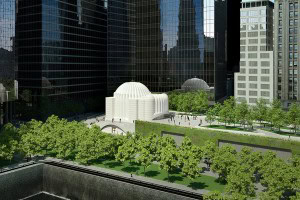 A rendering of the new St. Nicholas Greek Orthodox Church, with conceptual images of a landscaped open space known as Liberty Park