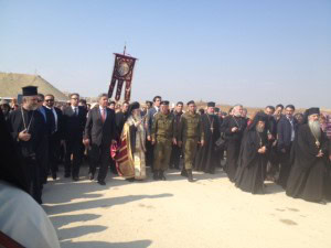His Beatitude the Greek Orthodox Patriarch and the Greek Consul General leads prayer services at Jordan River, Palestine. Photo copyright Maria Khoury 2015. All Rights Reserved. May be reproduced with full attribution to Maria Khoury and TheArabDailyNews.com