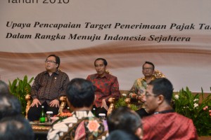 Presiden Jokowi didampingi Menkeu menghadiri Rapimnas III Ditjen Pajak, di kantor Ditjen Pajak, Jakarta, Selasa (29/3) pagi. (Foto: Fitri/Humas)