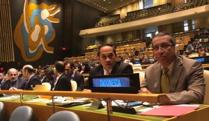 Delegasi Indonesia yang dipimpin Kepala Perwakilan Tetap RI di PBB, Dian Triansyah Djani, saat menghadiri sidang di MU PBB, New York, AS, Rabu (13/6) waktu setempat. (Foto: Kemlu)