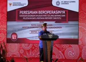 Menko Perekonomian Darmin Nasution menyampaikan sambutan pada peresmian KEK Galang Batang di Bintan, Kepulauan Riau, Sabtu (8/12). (Foto: ekon)