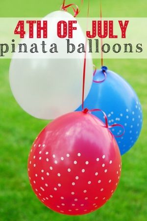 Red white and blue balloons filled with toys to be used as Patriotic Pinatas.