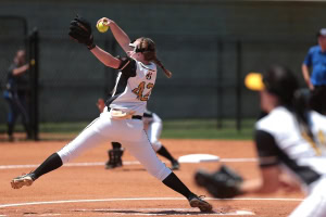 Brenau pitcher Eli Daniel, a freshman from Locust Grove, Ga., pitches in the first inning as Brenau womens softball takes on College of Coastal Georgia in Southern States Athletic Conference (SSAC) at Ernest Ledford Grindle Athletic Park, Friday, April 21, 2017. Brenau defeated Coastal 2-1. (Photo/ John Roark, for Brenau University)