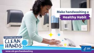 woman demonstrates washing hands to stay healthy and prevent spreading disease