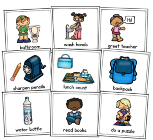 Image of 9 classroom routines that can be used when teaching procedures in the classroom: bathroom, wash hands, greet teacher, sharpen pencils, lunch count, backpack, water bottle, read books and do a puzzle.