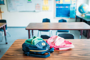 Photo of backpacks on a table at the end of the day.