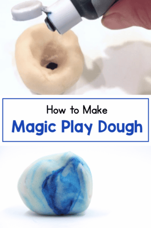 Pin Image showing magic play dough being made and play dough changing color. Text says: How to Make Magic Play Dough
