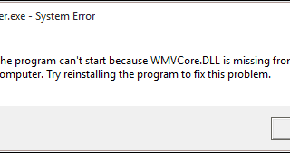 error message for missing WMVCore.dll