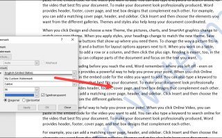 Printed Watermark dialog overlaid on document with custom watermark.