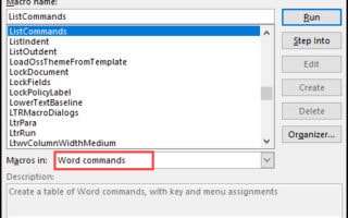 Macros dialog with ListCommands. selected