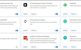 Google Chrome extensions grid with Remove link highlighted.