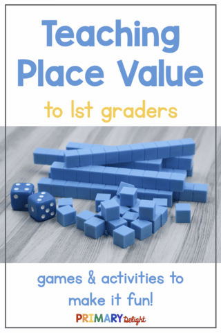 Text says: Teaching Place Value to 1st Graders. Photo shows 6 blue tens blocks and 14 ones blocks.