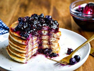 Lemon Poppy Seed Pancakes with Blueberry Compote