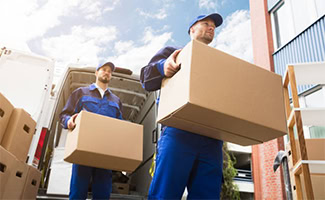 Close-up Of Two Young Delivery Men Carrying Cardboard Box In Front Of Truck Moving Service - Aardvark Moving