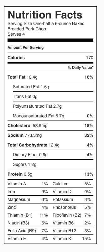 Baked Breaded Pork Chop (Gluten Free) Nutrition Label. Each serving is one-half a 6-ounce pork chop, or 3 ounces. Recipe serves 4.