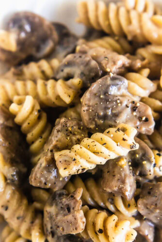 close up of stroganoff sauce and mushrooms tossed with pasta