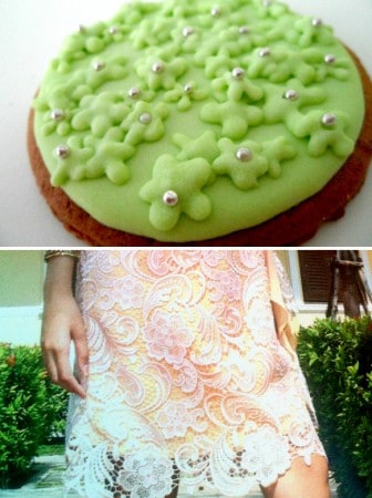 Lace dress pattern on cookie Cookies Glazed with Green Lace