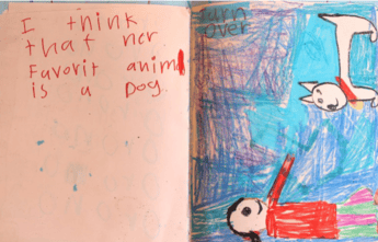 Photo of a student's writing sample shown at conferences. Student writing says, "I think that her favorite animal is a dog."