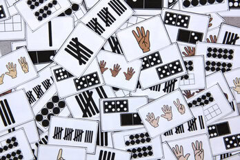 Photo of subitizing war cards, showing tally marks, finger patterns, dominoes and ten-frames.