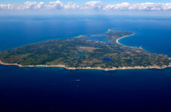 aerial view of Block Island with Rhode Island Coastline