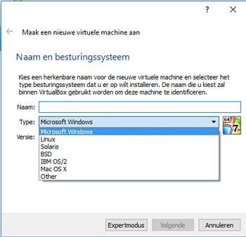 Virtualbox ondersteunt standaard instellingen voor een groot aantal besturingssystemen.