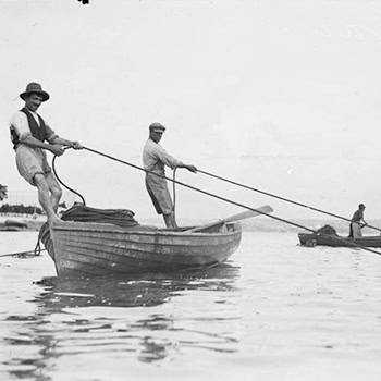 prawn_fishing_history5 Australian fishing history - Two prawn fishermen hauling prawning nets from their boat, NSW ca 1930