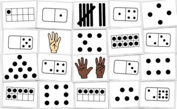 Photo of a variety of subitizing cards containing ten-frames, dominoes, dot patterns, tally marks and finger patterns.
