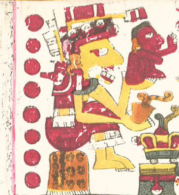 Ancient Aztec pictograph of yellow death-goddess Mictecacihuatl is sitting on throne-like seat holding small red man in her hands