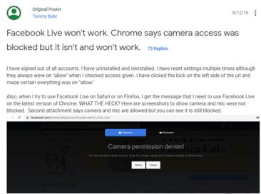 Facebook Live Chrome Issue - Google Support page