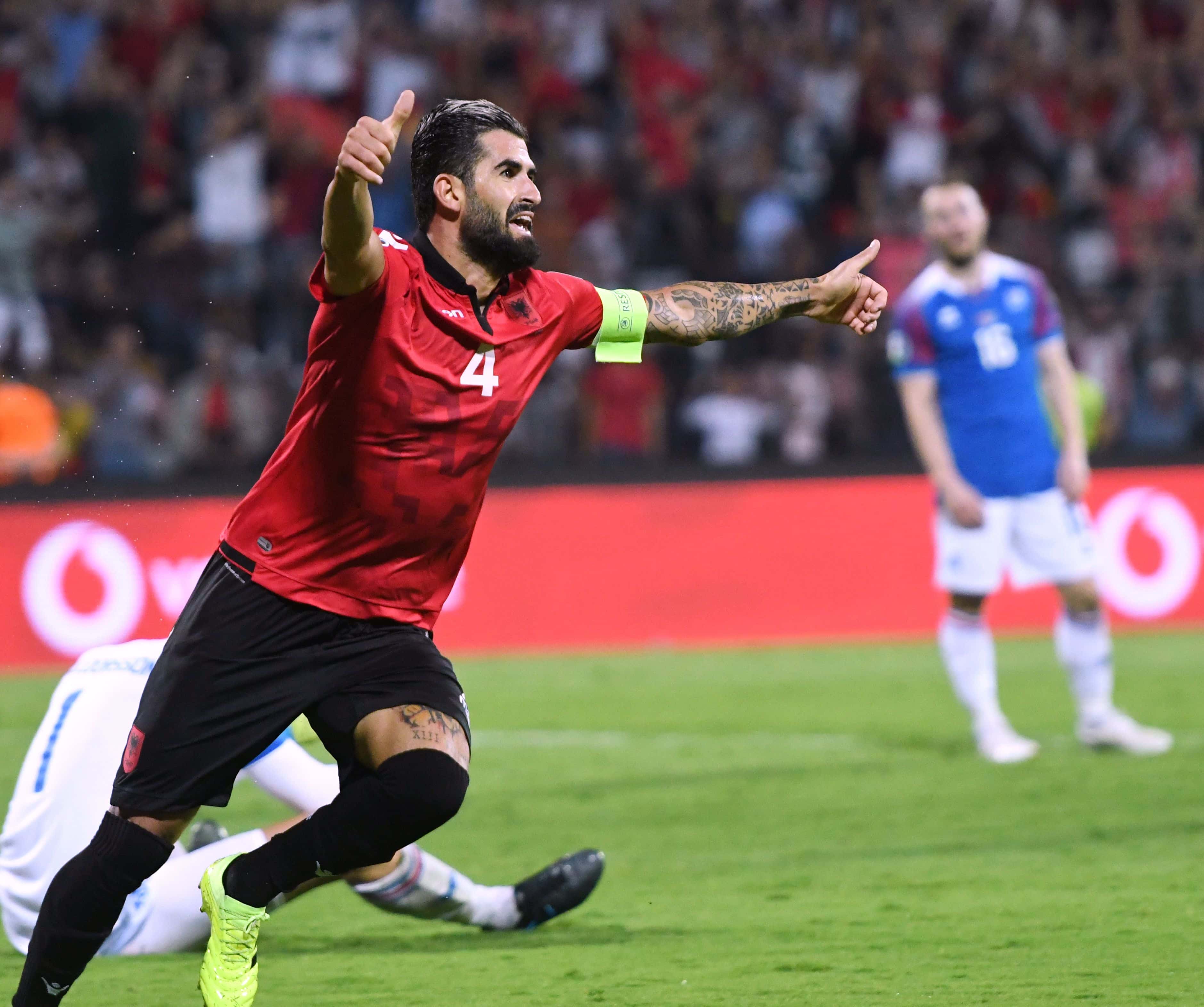 Albania's defender Elseid Hysaj set to return to the starting eleven. (Photo by Gent SHKULLAKU / AFP) (Photo credit should read GENT SHKULLAKU/AFP via Getty Images)