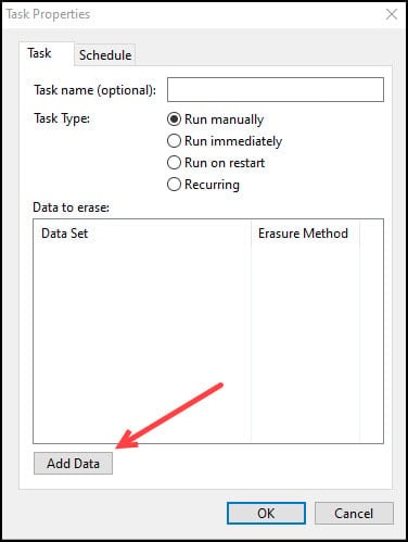 Blank Task Properties dialog with arrow to Add Data button.