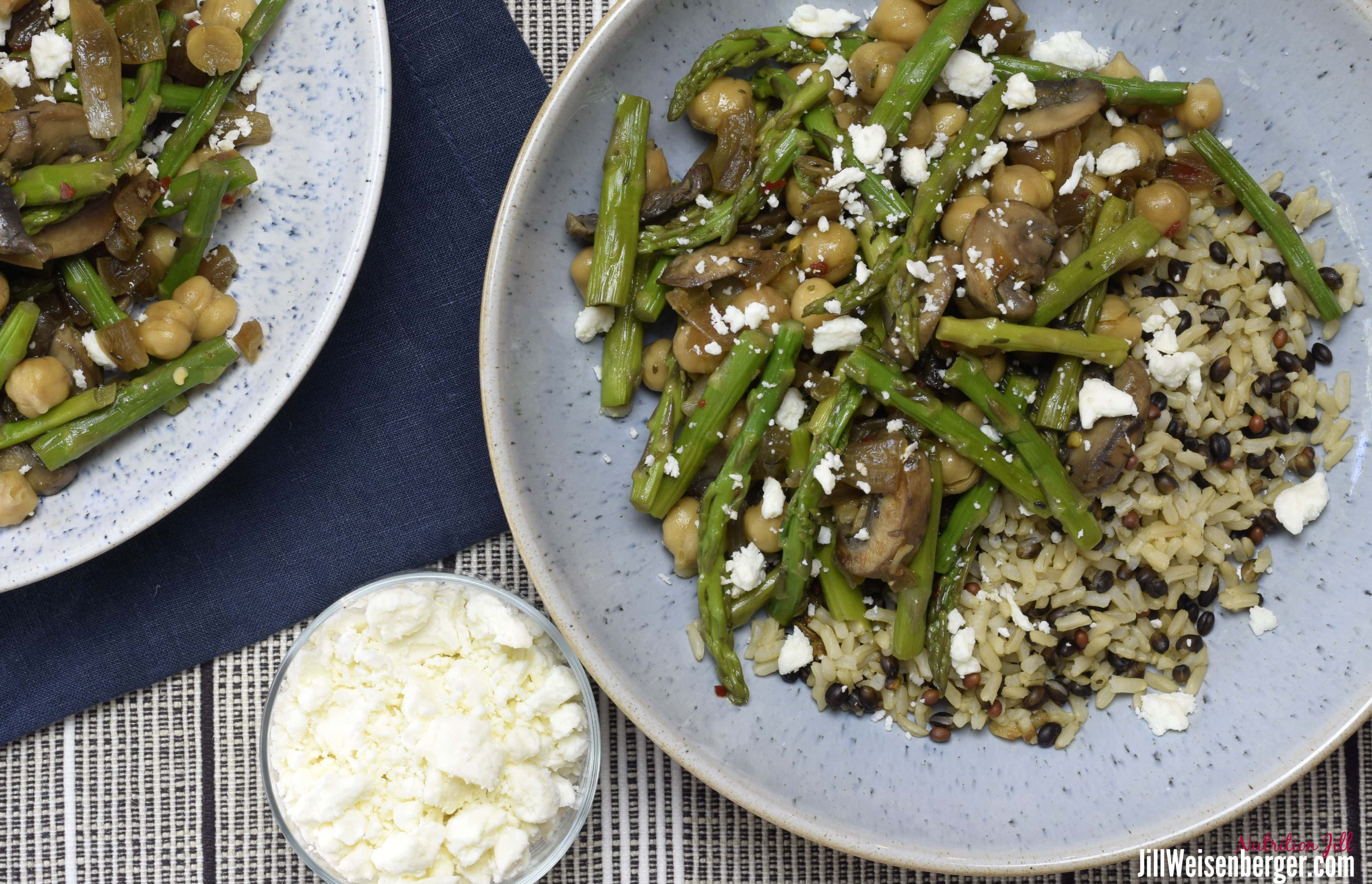 Overhead view of chickpea bowl with feta cheese