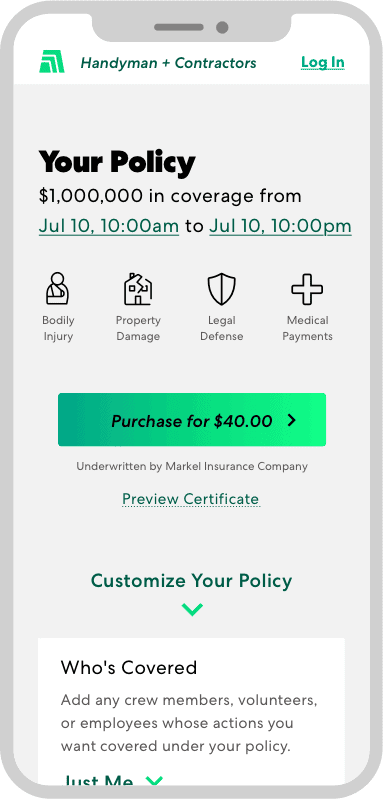 Thimble Insurance's mobile policy builder screen