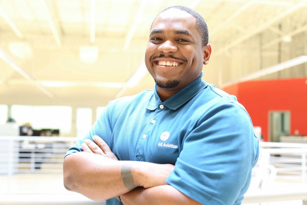“The beauty and the value of additive manufacturing comes in the flexibility of design and the speed of innovation,” says Antroine Townes, site leader for GE Aviation’s Additive Technology Center. Image credit: Alex Schroff for GE Reports.
