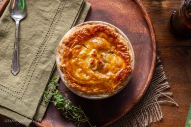 An overhead view of a beef & stout pie