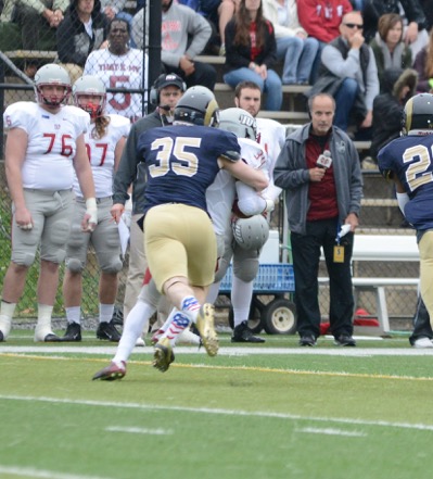Inside linebacker Ryan Plowman with a tackle to prevent an IUP first down.