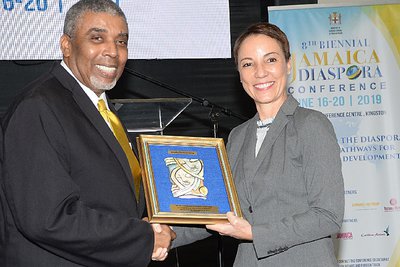 Leon Mitchell, Assistant General Manager, The Jamaica National Group Senator Kamina Johnson-Smith Minister of Foreign Affairs and Foreign Trade at the launch of the Diaspora Conference.