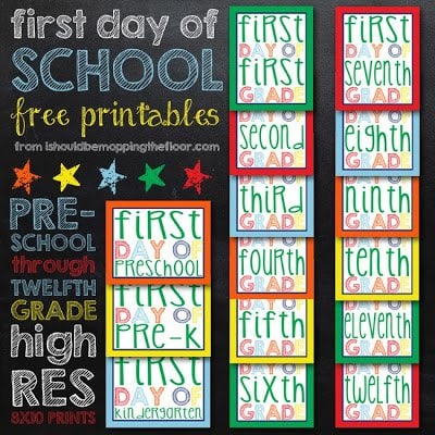 First Day of School Free Printables: Preschool through Twelfth Grade High Res Prints {Perfect for your kiddo's first day photos}