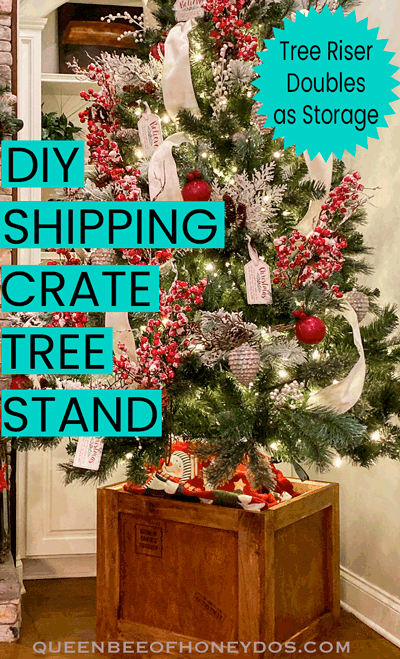 Shipping crate stand with Christmas tree.