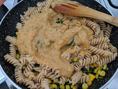 pumpkin sauce added to the pasta and vegetables