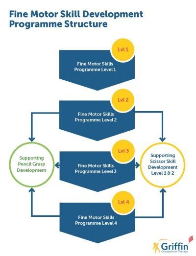 Fine-Motor-Skills-Programme-GriffinOT flowchart of the fine motor skills programme with each of the six stages