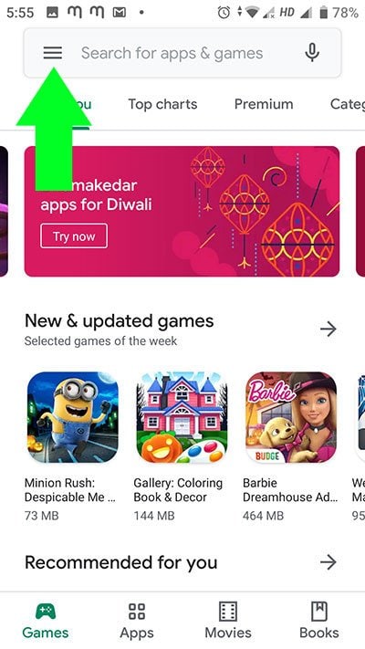 tap on three lines to open menu panel in google play store
