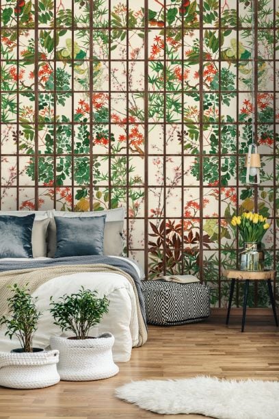 carta da parati per testata letto in stile orientale con letto bianco