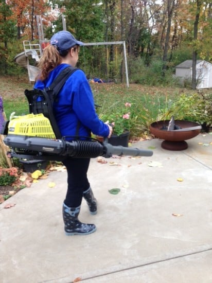 At work with Ryobi Backpack Blower -Dana Vento, Ryobi Backpack Blower Sitting In Leaves, blower, outdoors, technology, appliance, outdoor work, yard, yard work, leaves, debris, dana vento,