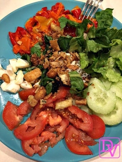 due formaggi, two cheese, fresh mozzarella, gorgonzola, grilled peppers, crouton, roma tomatoes, basil, romaine lettuce, fresh milled pepper, cucumbers, food, foodie, food blogger, foodies, food creation, recipe, dana vento, due formaggi caprese salad with cucumber