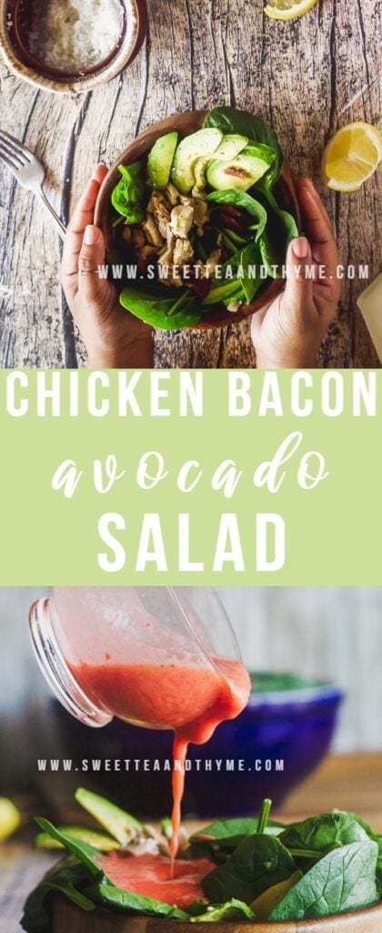 Chicken bacon avocado salad makes for an absolutely delicious meal or side dish that I love using up leftover chicken in. A bed of greens, sliced and diced avocados, chopped chicken and thick cut bacon tossed with strawberry vinaigrette is the base, making this an easily customizable and delicious any-time salad!